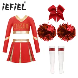 Kids Girls Cheerleading Uniform Long Sleeve Crop Top with Pleated Skirt Sets for Halloween Costume Dance Performance Competition