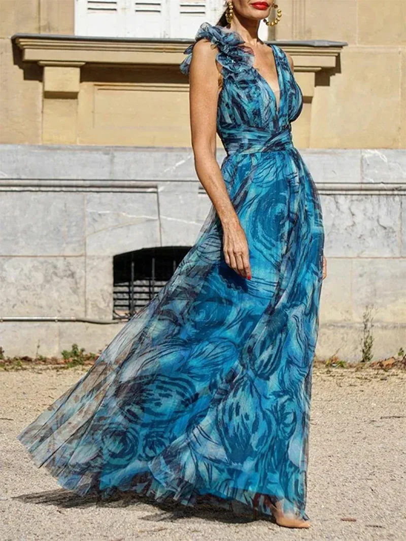 Vestidos máximos bohemios de chiffon con falda escalonada estilo Empire Tormenta