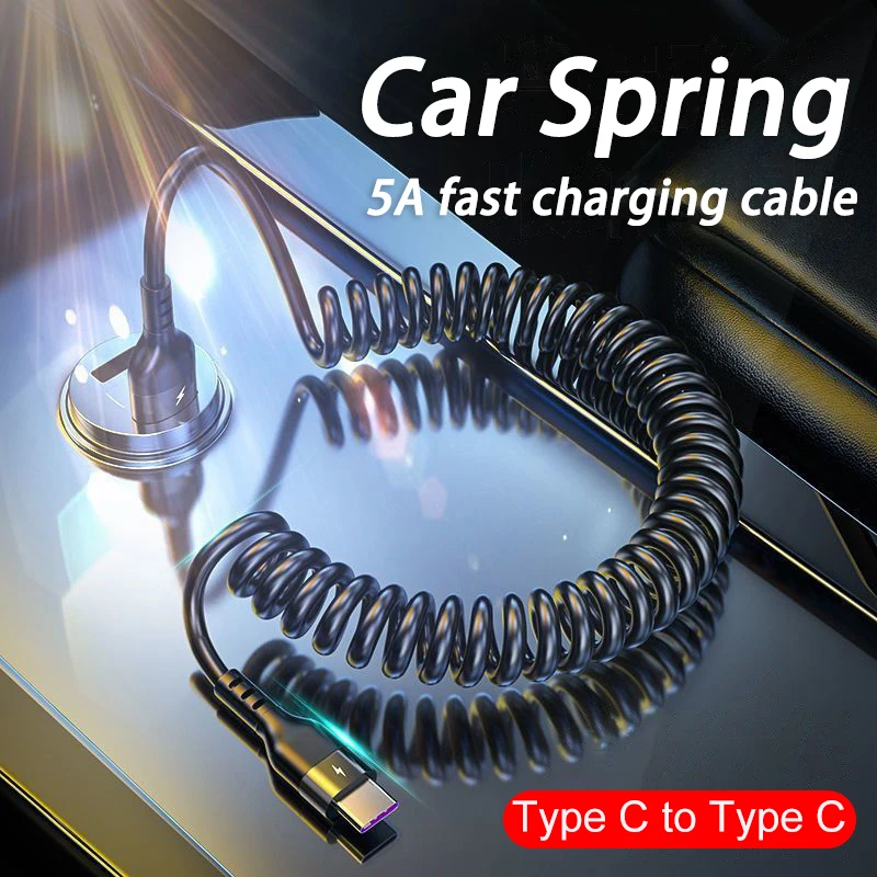 USB Type C 66W Car 5A Fast Charging Type C to Type C Spring Telescopic Cable For iPhone 15 Samsung Huawei Xiaomi Redmi OnePlus BEST SELLERS