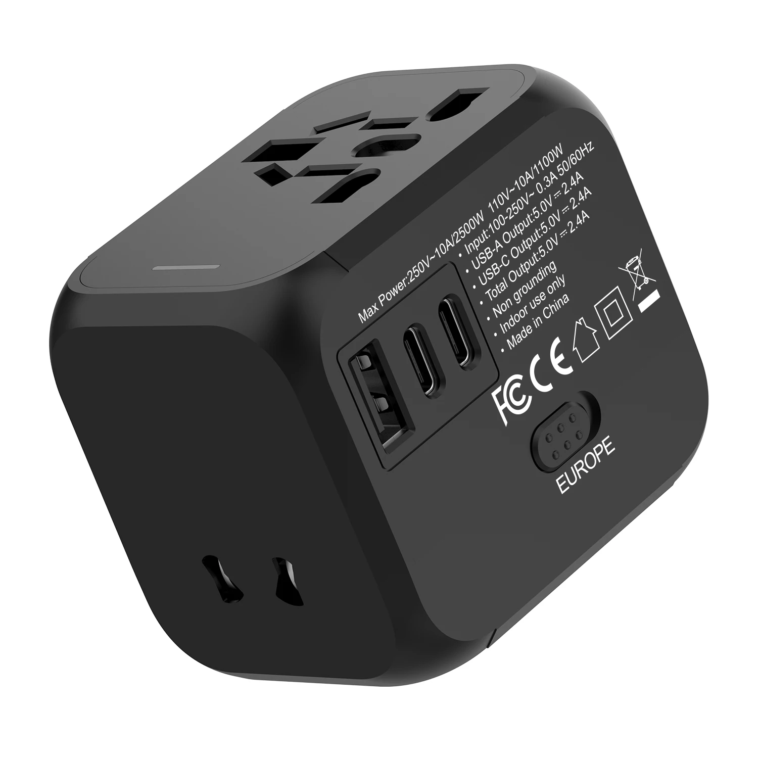 Universal Travel Charger with Dual USB & Type-C Ports - All-in-One Plug Adapter