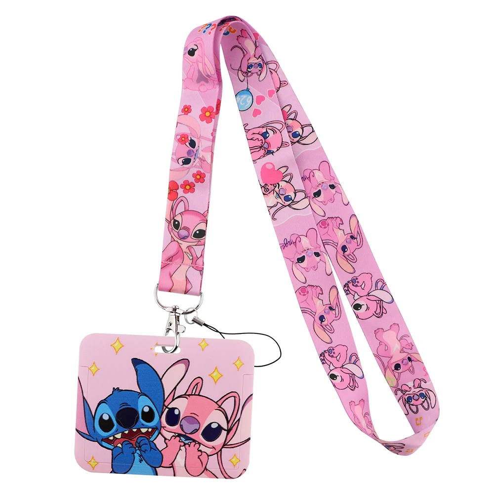 YQ776 Stitch and Pink Angel Lanyard Travel ID Card Cover Badge Holder Cartoon Keychain Neck Strap Telephone Cord Lariat