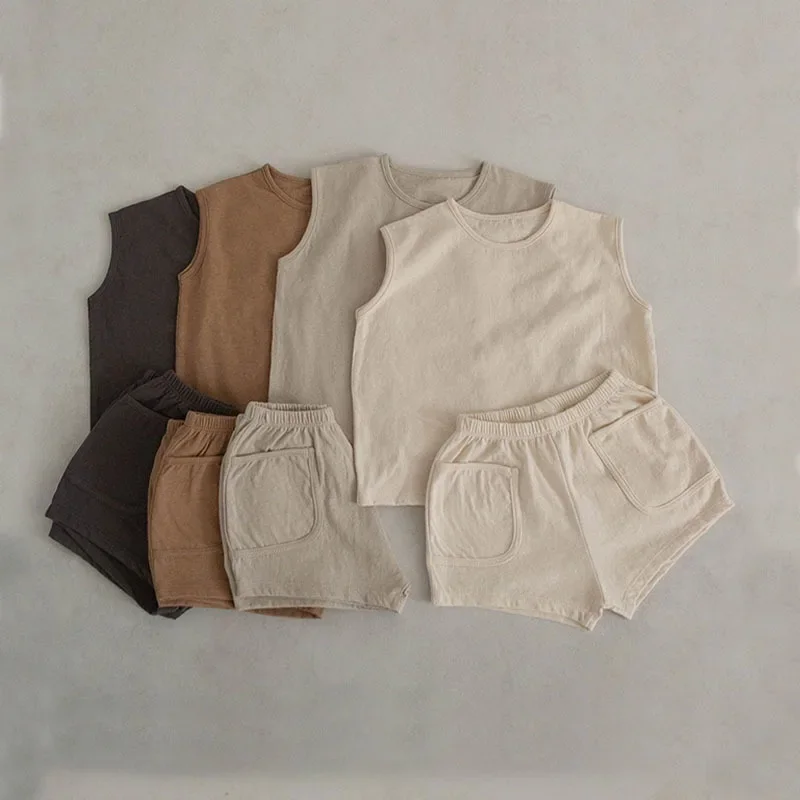 

Summer Baby Boys Tank Top Tees Shorts Set 100% Cotton Solid Vest Shorts Toddler Two Pieces Sets
