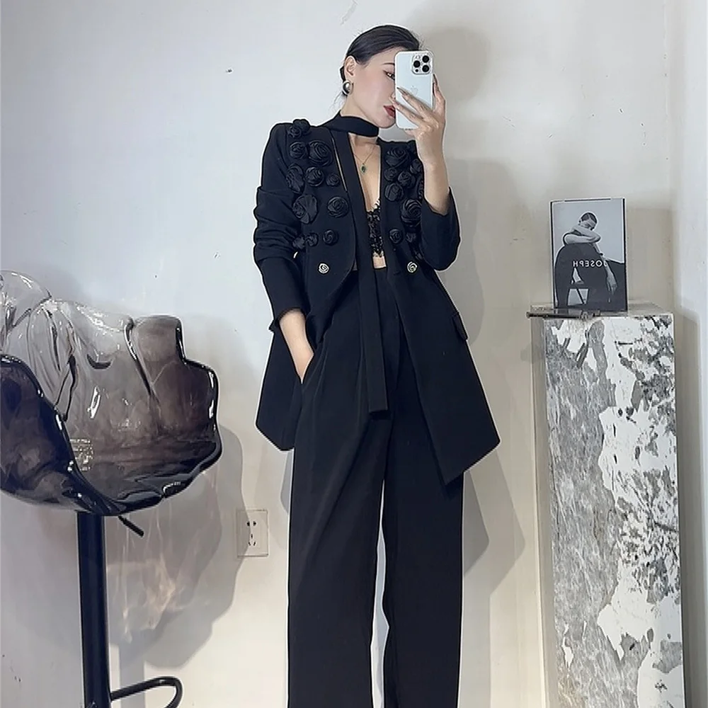 TWOTWINSTYLE Solid Two Piece Set For Women Lapel Long Sleeve Spliced Appliques Coat High Waist Wide Leg Pant Chic Sets Female 5