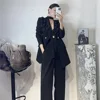 TWOTWINSTYLE Solid Two Piece Set For Women Lapel Long Sleeve Spliced Appliques Coat High Waist Wide Leg Pant Chic Sets Female 5