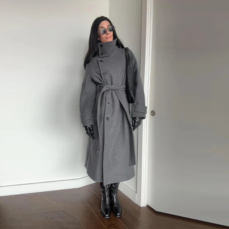 أنيقة الصلبة حزام طويل معطف الصوف المرأة واحدة الص...