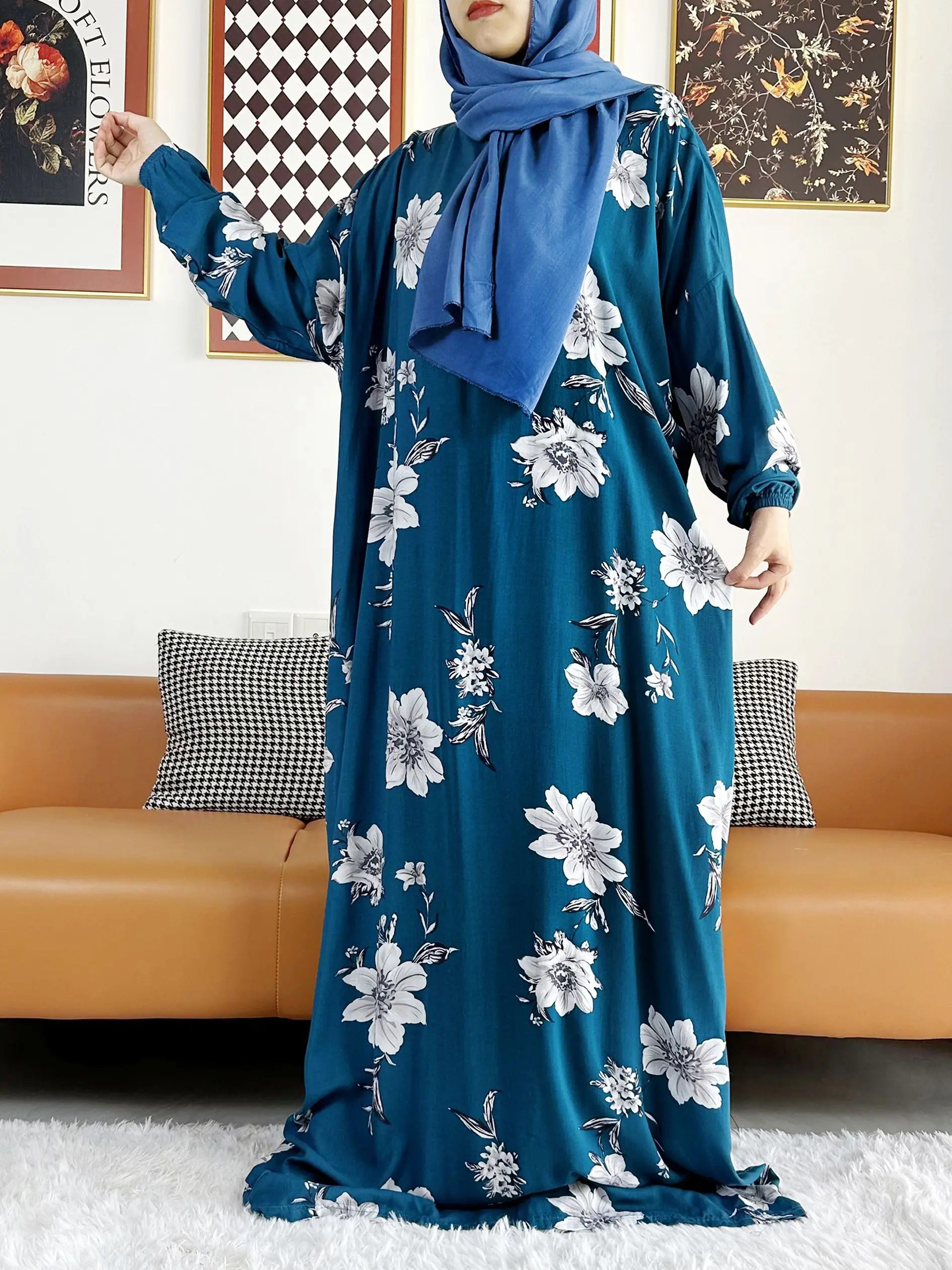 2025 Muslim Rayon Abayas Color Pitch Ramadan Prayer Dubai Turkey Middle East Femme Robe Floral Loose African Dress Turban Joint 2