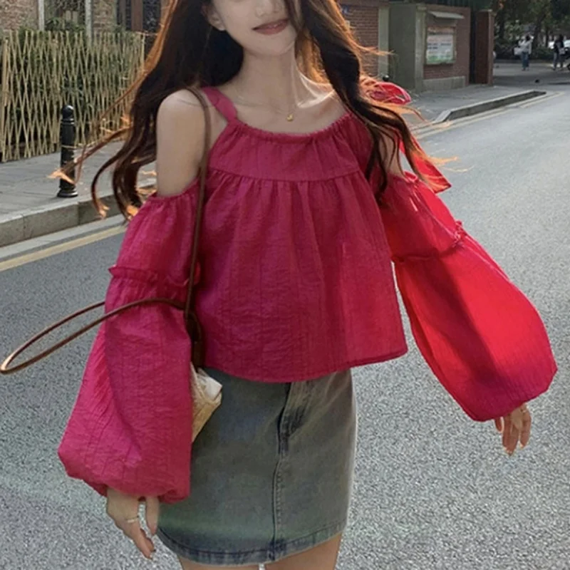 Women y2k Clothes Sexy Solid Color Tie Shoulder Lantern Cold Shoulder Long Sleeve Blouses Tops 2000s Shirts Streetwear