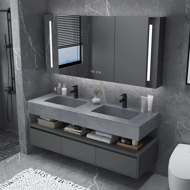  High QLO Mueble de baño – Lavabo de tocador flotante doble y  cristal multicapa de madera maciza moderna y espejo LED de baño (80  pulgadas) : Herramientas y Mejoras del Hogar