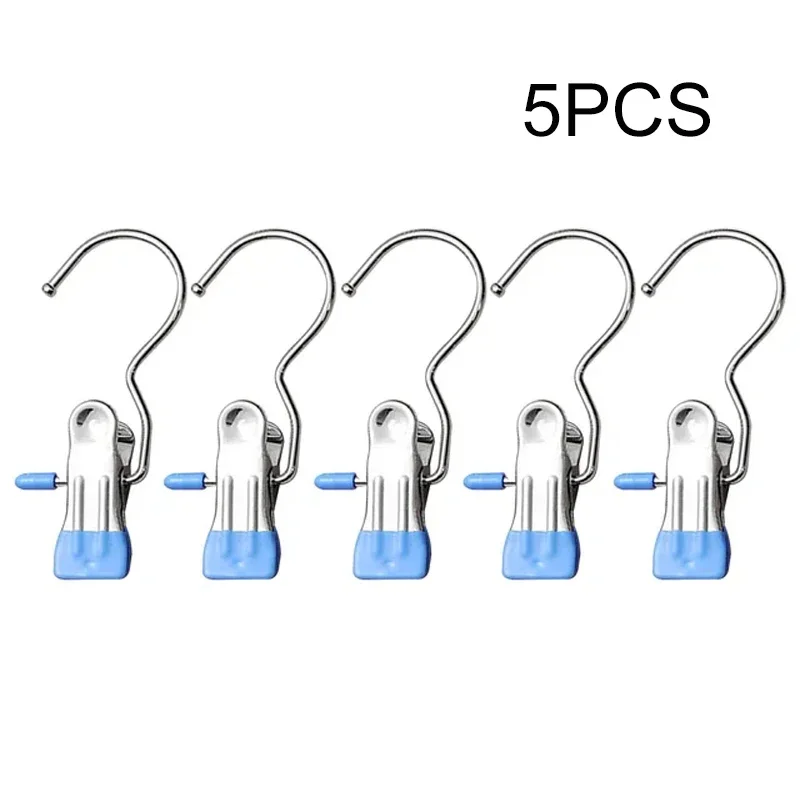 5pcs Stainless Steel Clothespins Laundry Clothes Pegs with Hook Portable Hanging Clothes Clip Wardrobe Organizer Hanger
