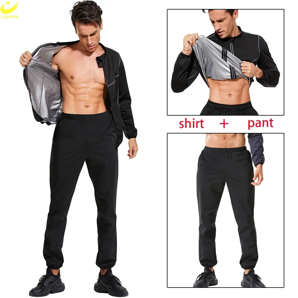 

LAZAWG Men Sauna Suit Weight Loss Long Sleeve Sweat Top Leggings Rapid Sweating Workout Slimming Tracksuit Body Shaper Sportwear