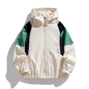 Color Block Unisex Jacket Spring Autumn Sporty Hooded Outerwear for Couples Breathable Windproof Moisture Wicking Casual Wear