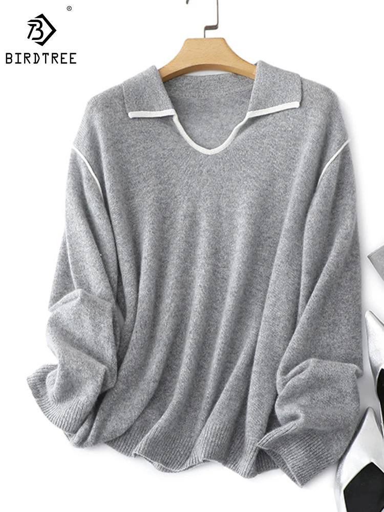 

Birdtree 100%Cashmere Pullover Women Polo Neck Loose Solid Slouchy Style Versatile Comfortable Commute Sweater Winter T3N724QD