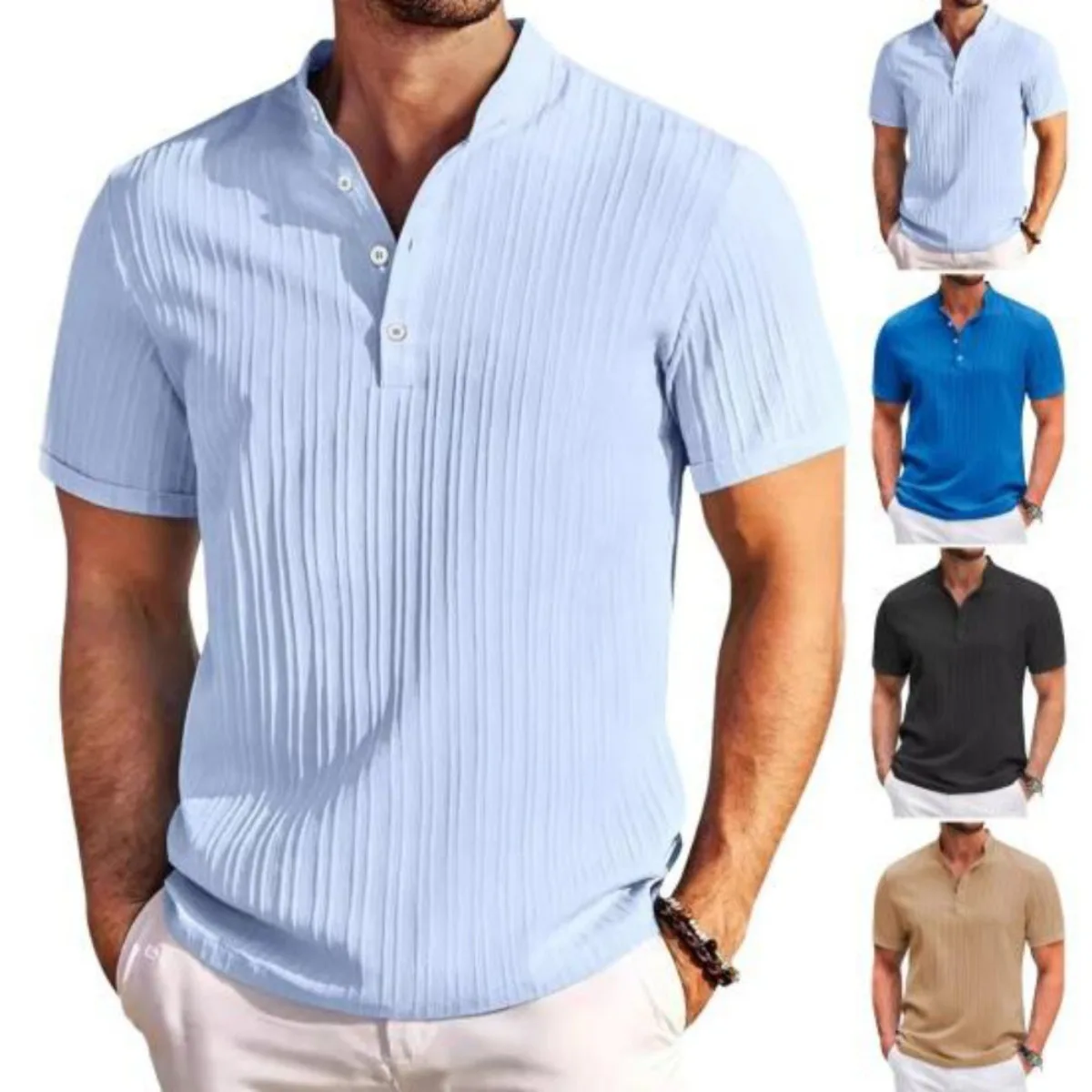 Hawaiian Men's Retro Cotton And Linen Henry Shirt Casual Loose With Sporty Stand-up Collar Buttons 2026 New Men's Casual Shirt