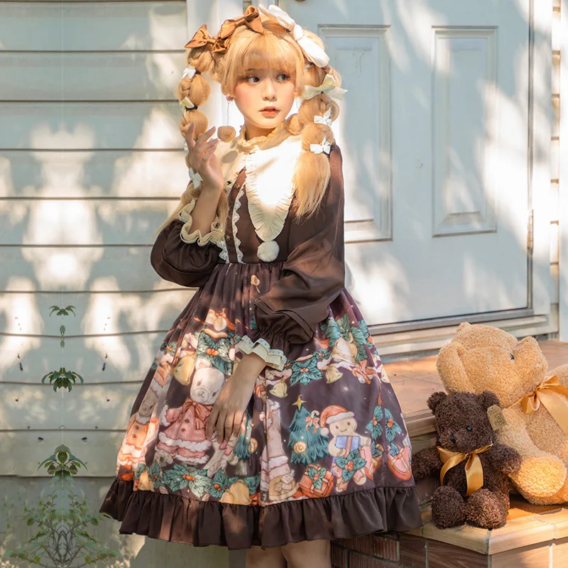

Christmas Bear Print Autumn Winter New Long Sleeve Lolita Op Dress Princess Classic Maid Japanese Medieval Dresses Tea Party
