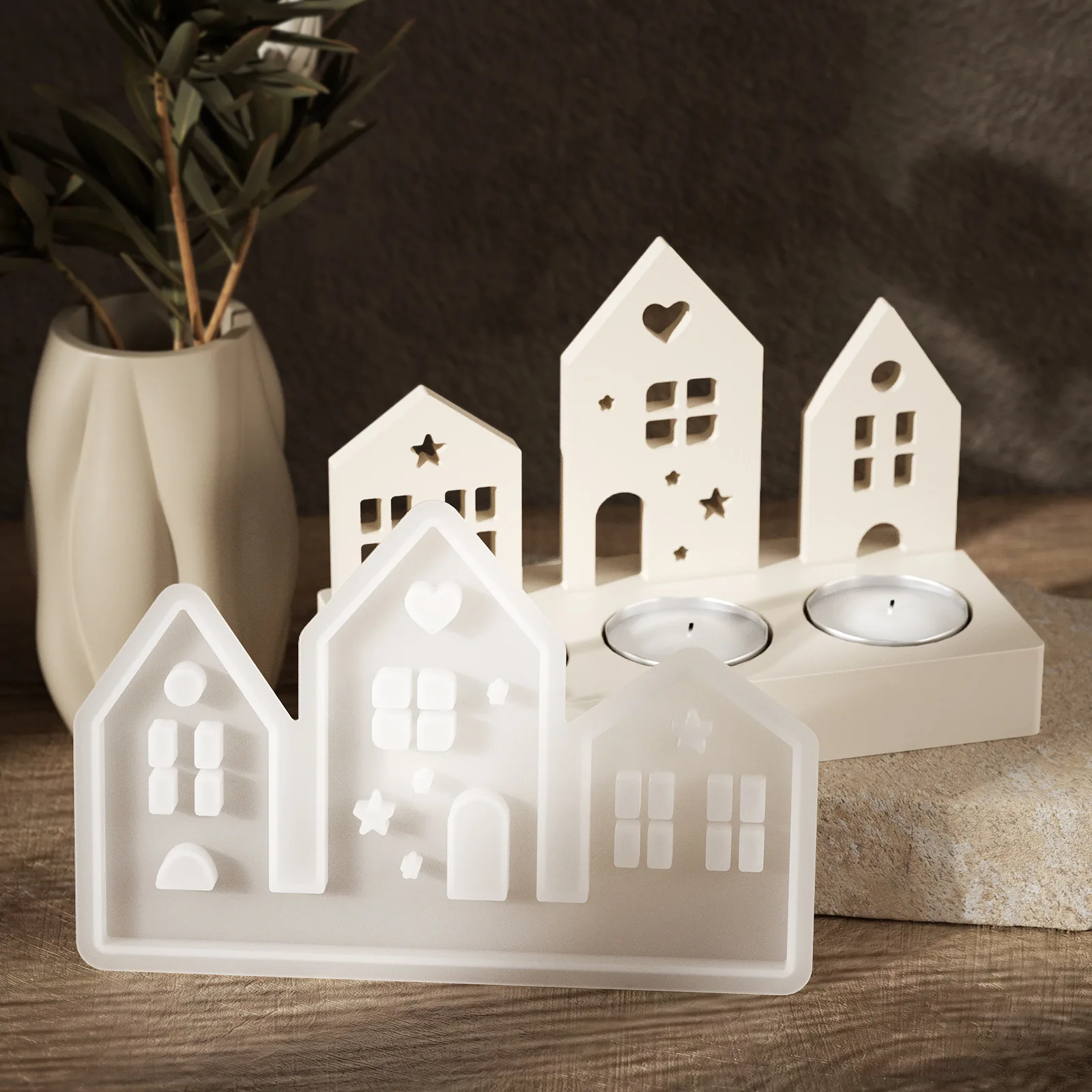 Houses Silicone Mold House Insert Ornament Hollow Light House Mold For Candle Tea Light Holder Insert Casting Decor