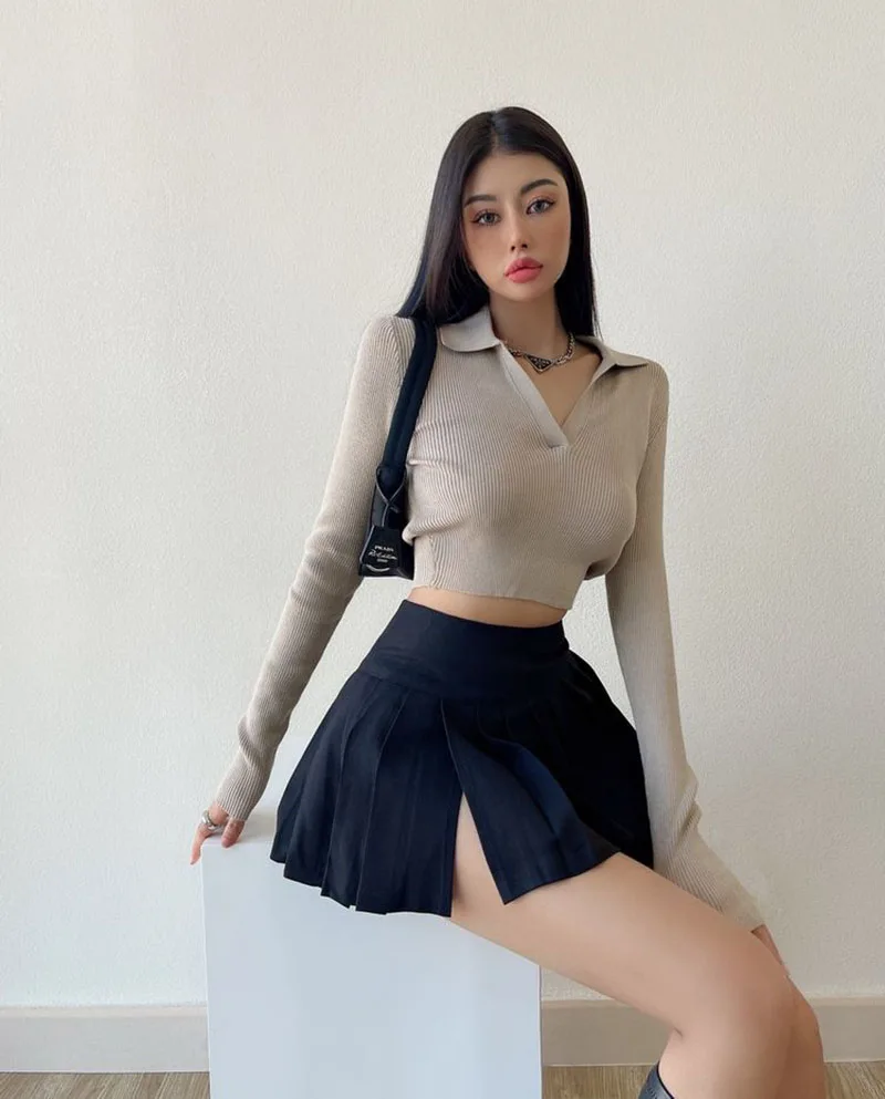 Gidyq Sommer Frauen Falten röcke Vintage hohe Taille weibliche sexy Miniröcke koreanische lässig alle passen Streetwear Schlitz Rock neu – Detail 4