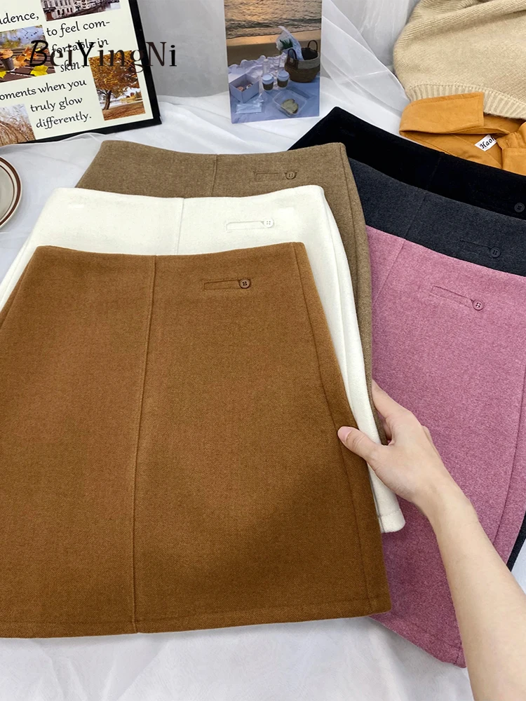 

Beiyingni Korean Woolen A-line Mini Skirt Women Autumn Winter Slim High Waist Short Skirts for Ladies Solid Color Vintage Faldas