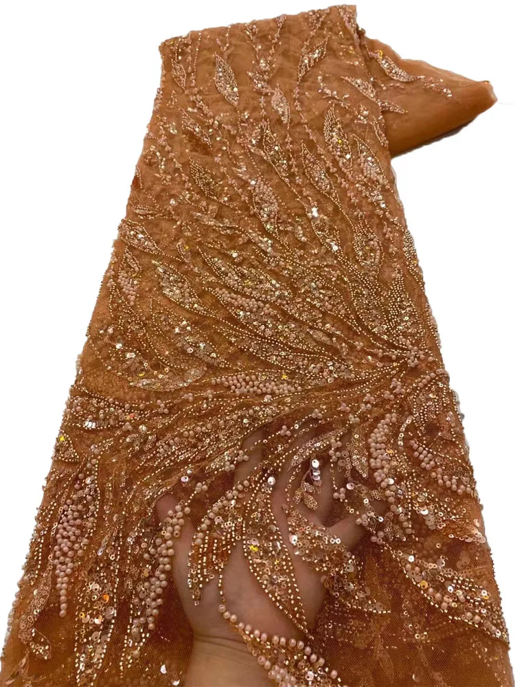 

Luxury High-End Handmade Net Lace Fabric With Beads African Lace Fabric 2023 High Quality Orange Embroidered French for Wedding