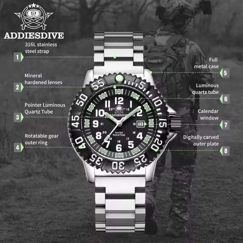 ADDIESDIVE NEW Quartz Watch Men Wristwatch 316L Stainless Steel 50m Waterproof Watch Luminous Hand 51mm Alloy Case Sports Watch