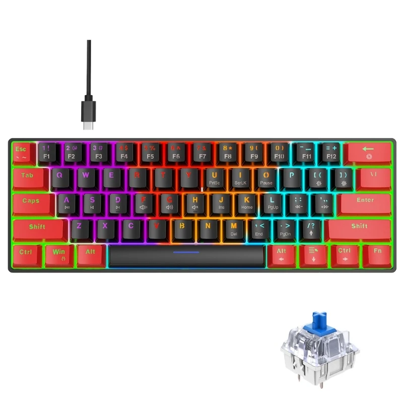 

Hot Swappable Mechanical Keyboard, 61Keys Compatible Various Computer System Ergonomic Design and Long Data Cable