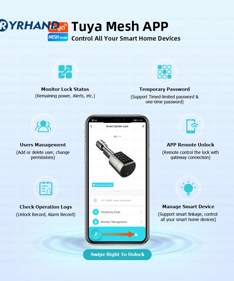 Euro Tuya APP Fingerprint Bluetooth Free adjustment Cylinder Smart Door Lock El