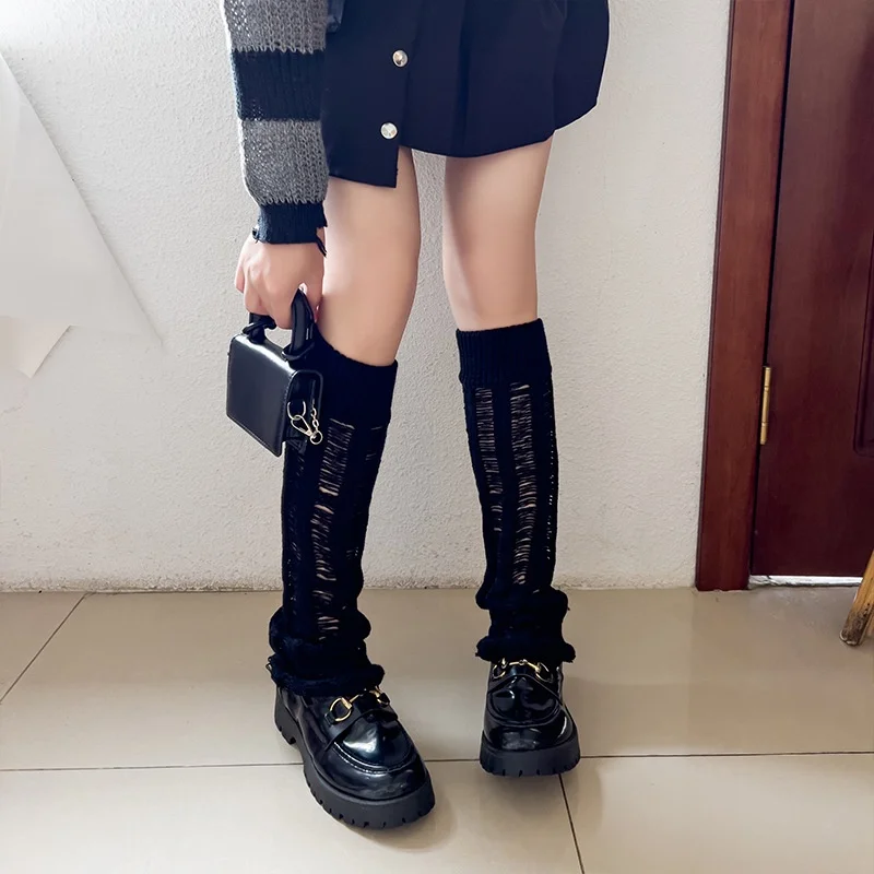 Y2k 홀 레그 워머 화이트 파일 양말, 여성 트럼펫 다리 커버, Jk 송아지 양말, 고딕 블랙 펑크 일본 부츠 커프스, 슬리치 양말
