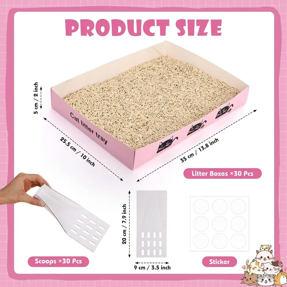 60 Pack Disposable Litter Boxes, 30 Foldable Travel Boxes & 30 Scoops, Portable Waterproof Cardboard Trays for Small Pets, 13.8