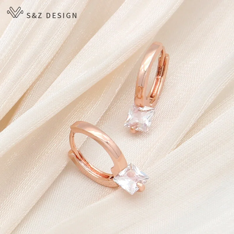 S&Z DESIGN New 585 Rose Gold Color Square Crystal Dangle Earrings For Women Wedding Jewelry Trendy Cubic Zirconia Eardrop Gift