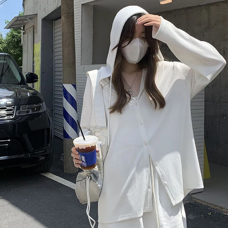 

Rimocy Loose Hooded Cardigan Women 2023 Autumn Thin Long Sleeve Knitted Cardigans Woman Basic Single Breasted Sunscreen Cardigan
