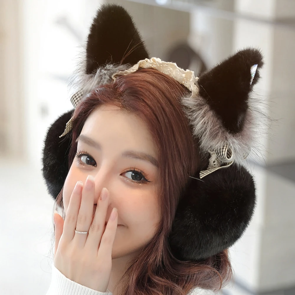 접이식 플러시 고양이 귀 모양 귀마개, 단색 로리타 스타일, 보온 유지, 미끄럼 방지 인조 모피, 겨울 귀 커버, 겨울 물건