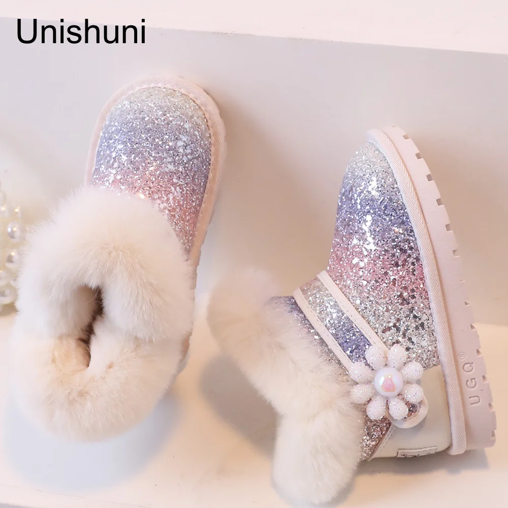 Fashion Glitter Ankle Boots for Girls Kids Winter Snow Boots Princess Warm Fur Chelsea Bootie Children Pink Brand Silver Shoes