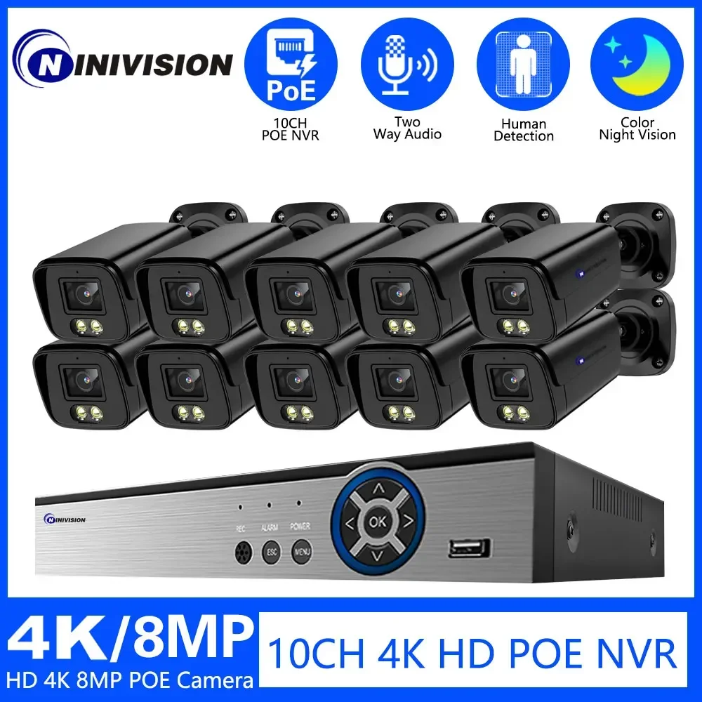 

4K 10CH POE Security Camera System 8MP Humanoid Detection Two Way Audio CCTV Camera Street System P2P Video 8CH Surveillance Kit