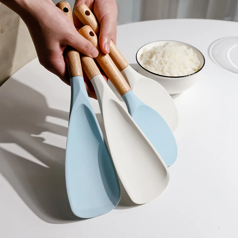 Wooden Handle Silicone Rice Spoon Non Stick Rice Spatula Japanese Cooking Shovels Kitchen Tableware