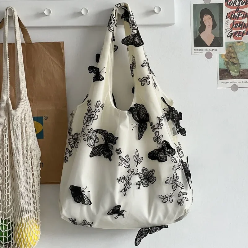 

Кружевные дамские сумочки с вышивкой бабочки, яркая универсальная Холщовая Сумка на плечо, повседневные вместительные женские тоуты