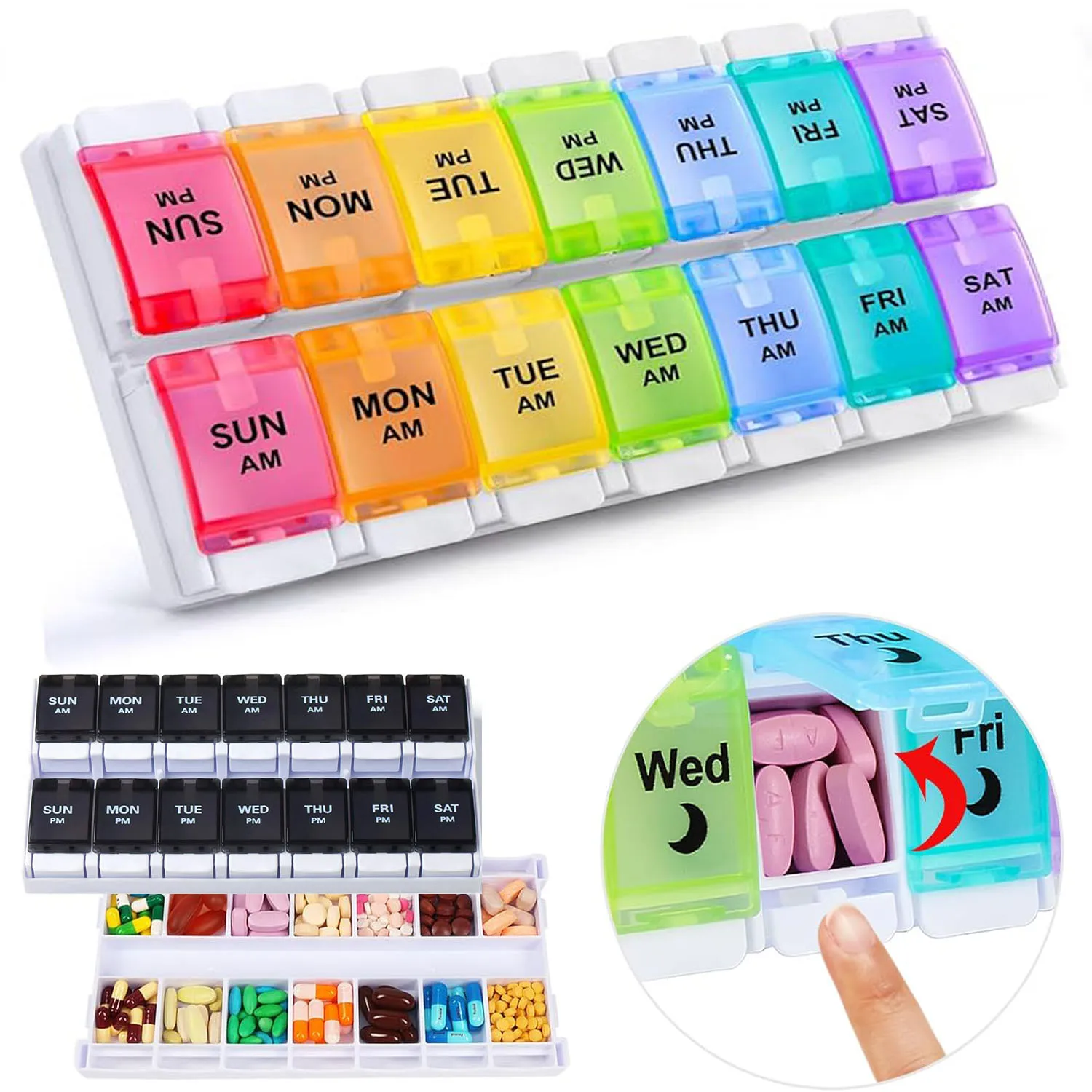 Portable AM/PM Pill Organizer for Tablets, Vitamins, and Supplements