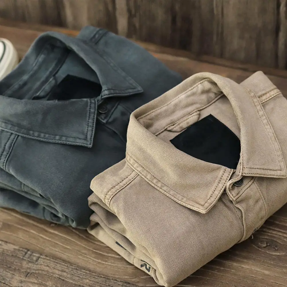 

Men Shirt Coat Solid Color Single-breasted Turn-down Collar Cargo Shirt Vinatge Long Sleeve Pocket Men Fall Coat