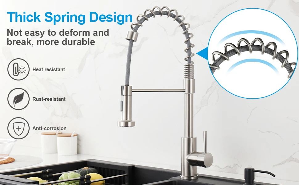 Kitchen Faucets Commercial Solid Brass Single Handle Single Lever Pull Down Sprayer Spring Kitchen Sink Faucet Nickel / Black brass kitchen sink