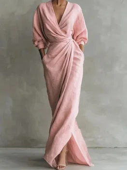 Women's Sexy Neck Waist Wrapped Robe 2026 Spring Casual Solid Color Fit Tight Dress Elegant Long Sleeved Slit Super Long Skirt 1