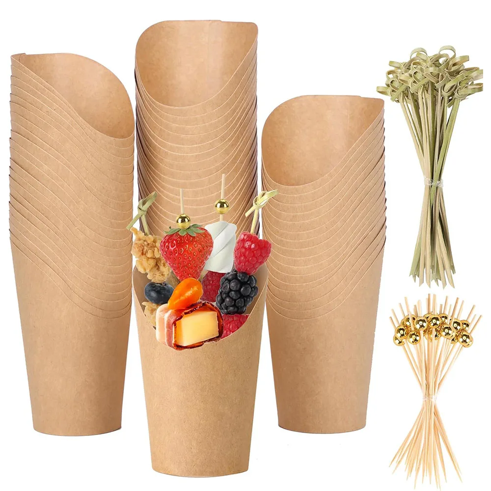 Charcuterie Cups with Cocktail Picks,12oz Brown French Fry Holder Cups,Appetizers Cups Snack Dessert Popcorn Box for Party