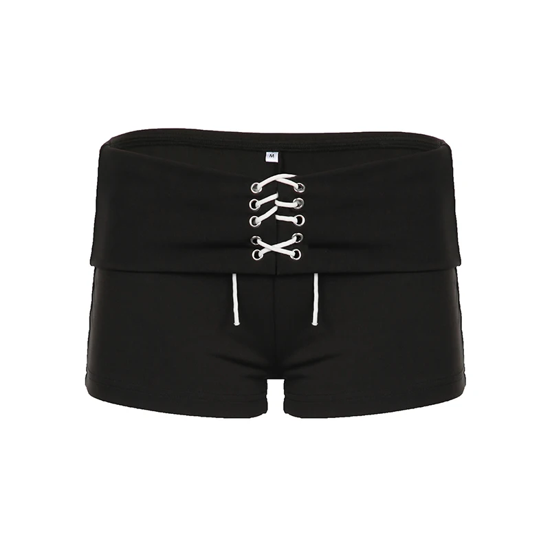BIIKPIIK Women Lace-up Contrast Color Casual Shorts Basic Low Waist Bottom Concise All-matched Black Mini Shorts Summer Clothing
