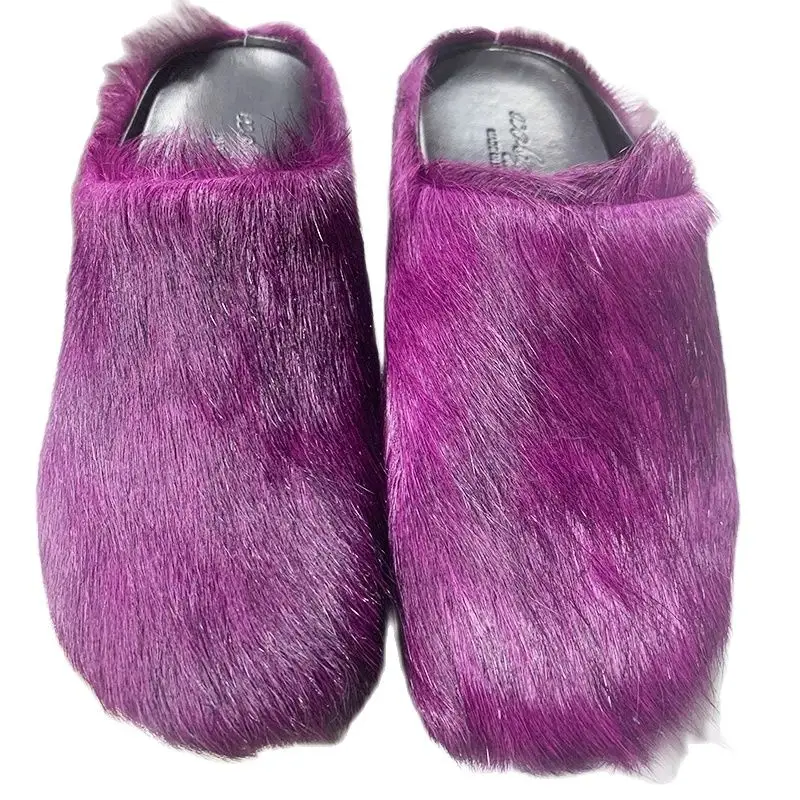 Italy Fur Horse Hair Slippers Women 2023 Winter Casual Runway Flat Mules Moccasins Men Shoes Leisure Real Leather Women Slippers