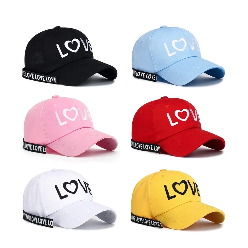 

Spring Trendy LOVE Embroidery Couple Hat Yellow Pink Long Ribbon Baseball Cap Women Men Snapback Hip Hop Trucker Hats 2023