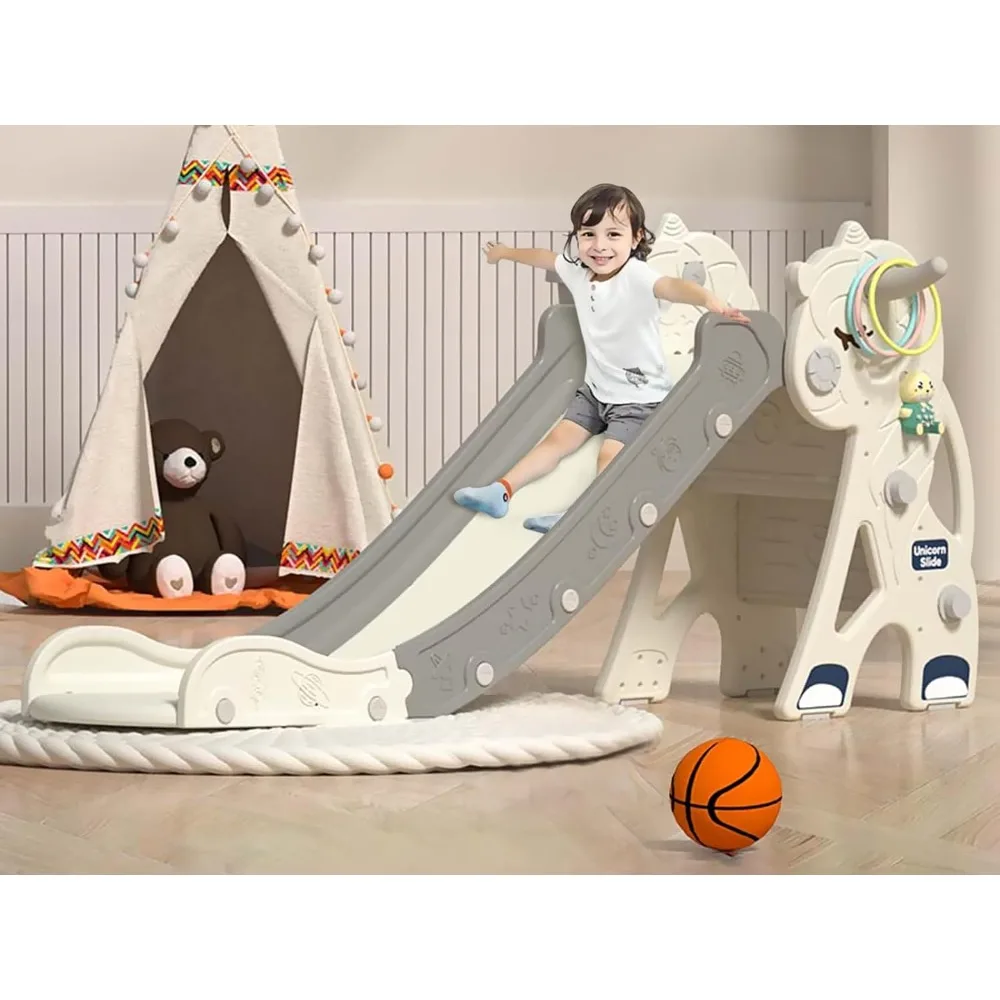 

Toddler Age 1-3 Indoor Plastic Slide Outdoor Playground Climber Slide Playset with Basketball Hoop & Ring Game (Unicorn White)