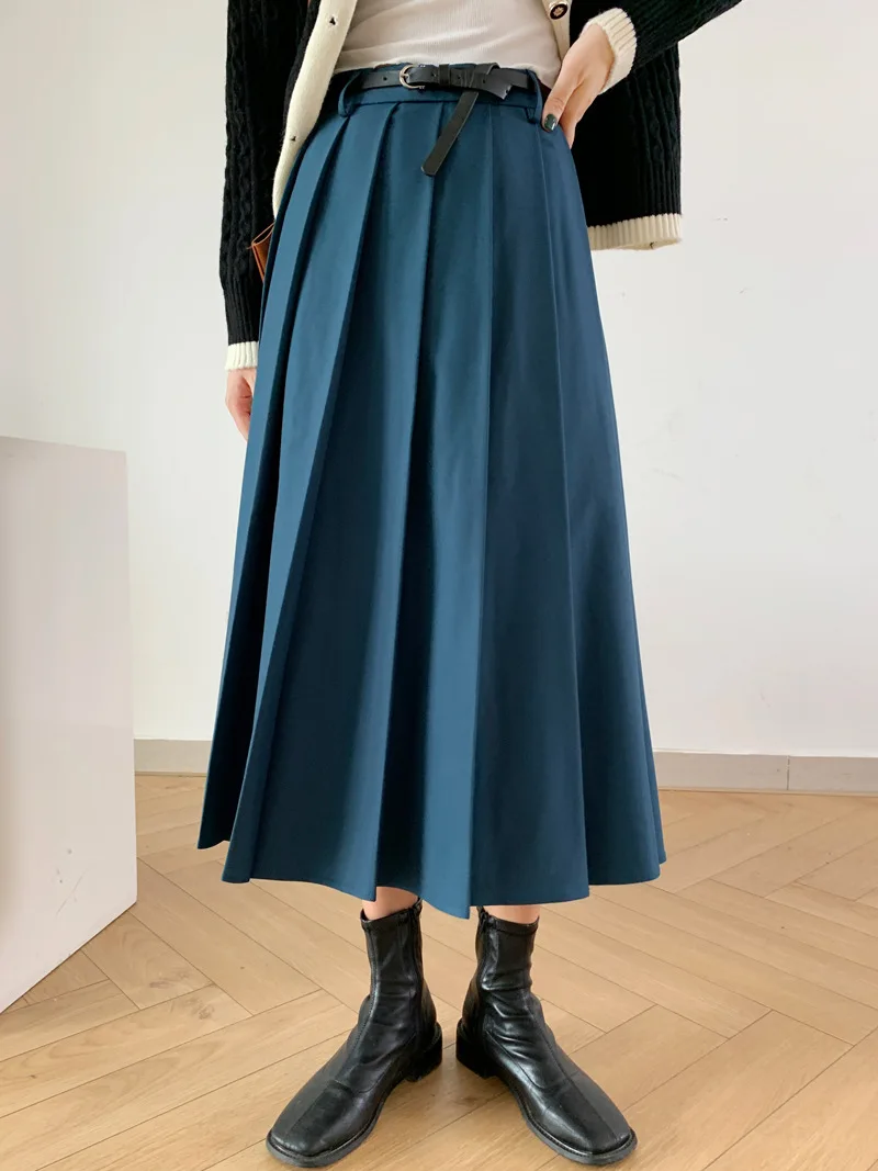 Alien Kitty Femme Prom Chic Women Mid-Length Skirts Solid All Match Casual 2022 New OL Pleated High Waist Autumn Daily Lady blue skirt