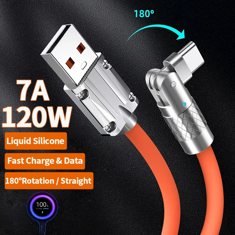 120w 7a usb type c fast charge data cable 180 degree rotation elbow