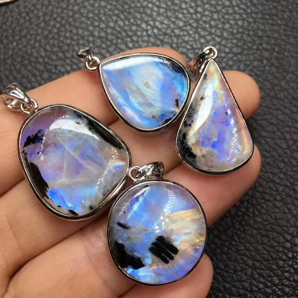 Unit One Piece Natural blue moonstone sliver 925 pendant rainbow moonstone with black spot pendant for gift 2