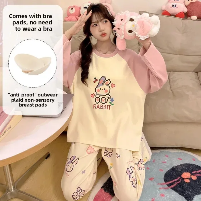 ملابس نوم نسائية قطنية محاكاة طويلة الأكمام طقم سراويل طويلة مع وسادة الصدر ملابس منزلية حلوة كرتونية نمط جديد للخريف