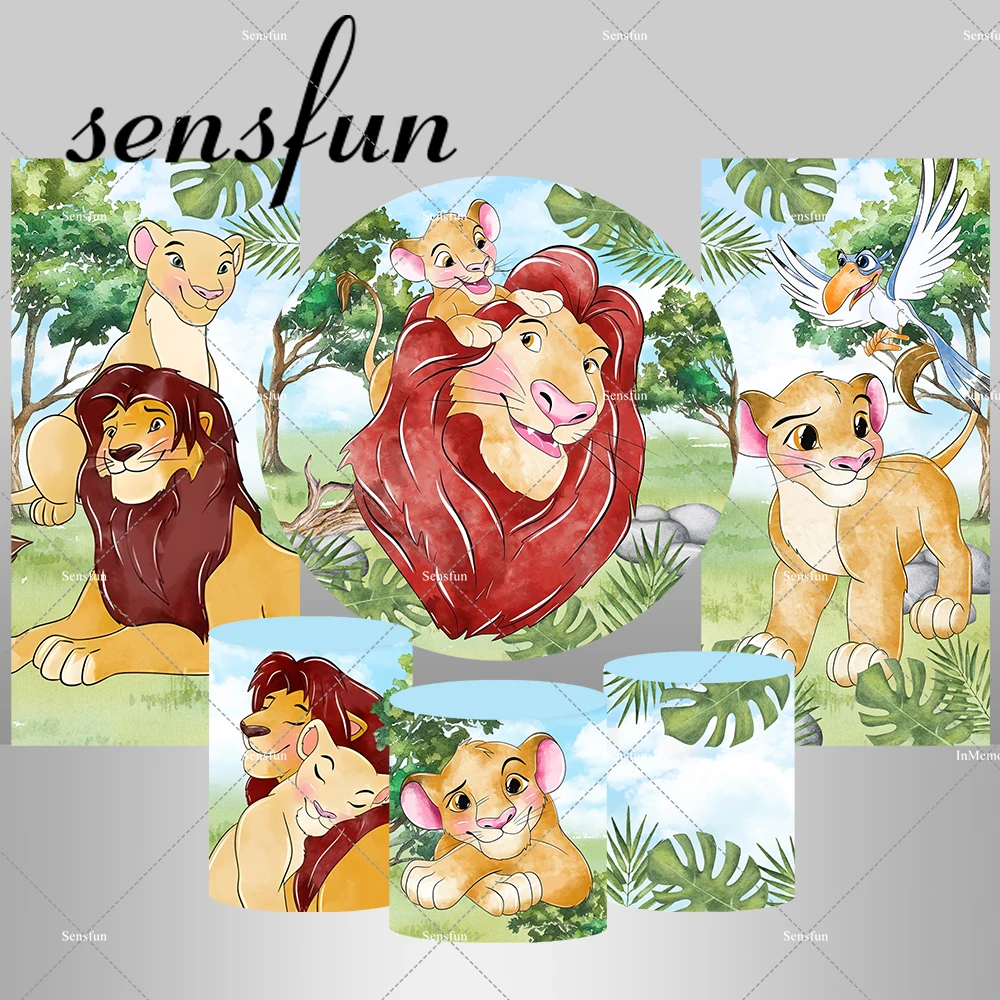 

Cartoon Lion King Theme Circle Round Backdrop Cover Green Leaves Simba Plinth Covers Boys Birthday Party Rectangle Backgrounds