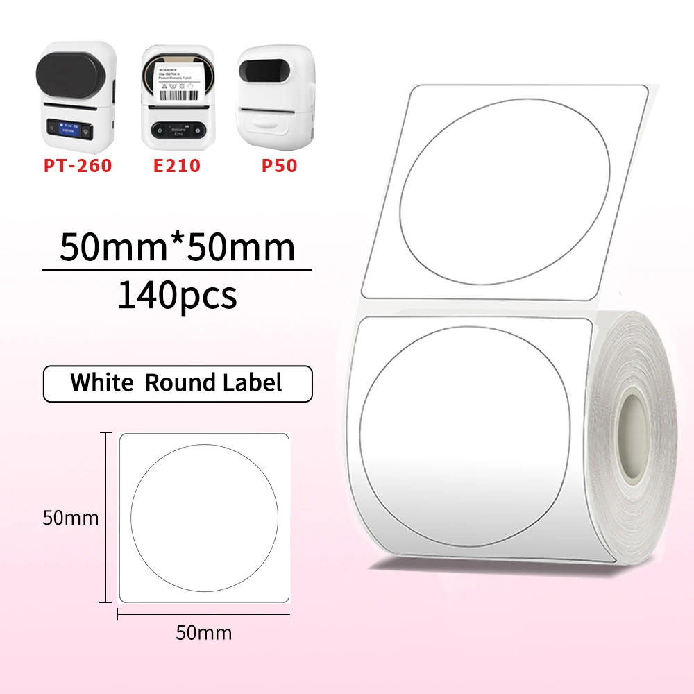 흰색 원형 라벨 열 접착 라벨 롤, E210, P50, PT-260 라벨 메이커용 세트, 50x50mm, 150 개