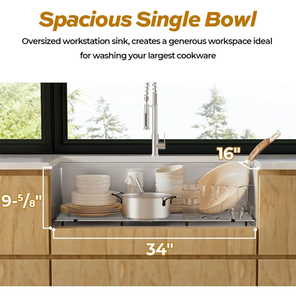 36 inch Workstation Kitchen Sink,Undermount Deep Single Bowl, 16 Gauge Stainless Steel with Integrated Ledge